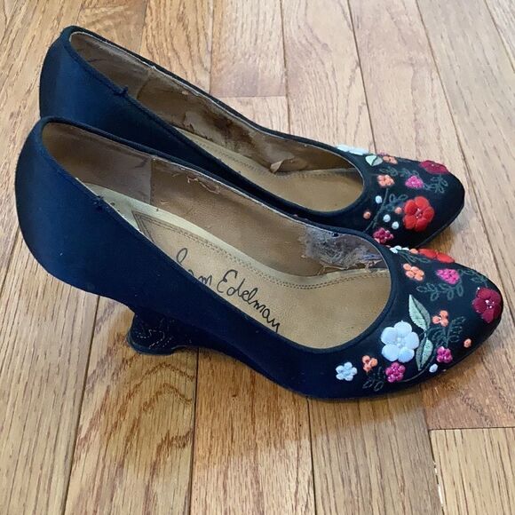 SAM Edelman Embroidered Floral Satin Wedge Heels Size 7 - Picture 6 of 11